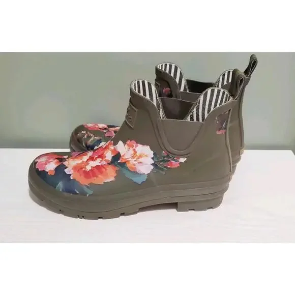 Joules Rain Boots Women's Sz 10 Floral Green Pink Waterproof Rubber Wellibob - Picture 2 of 7